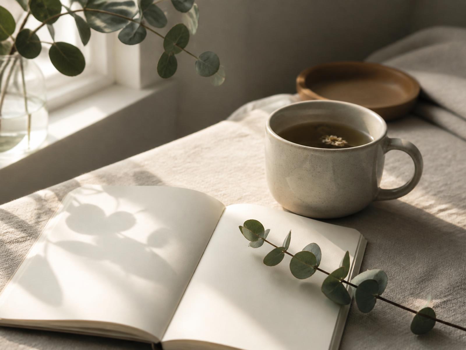 A quiet desk with an open notebook, a cup of herbal tea and a eucalyptus sprig